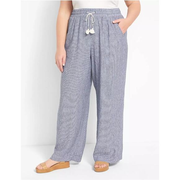 Lane Bryant Soft Linen Wide Leg Pants Womens Size 14 Blue Striped Tasseled - Picture 1 of 9